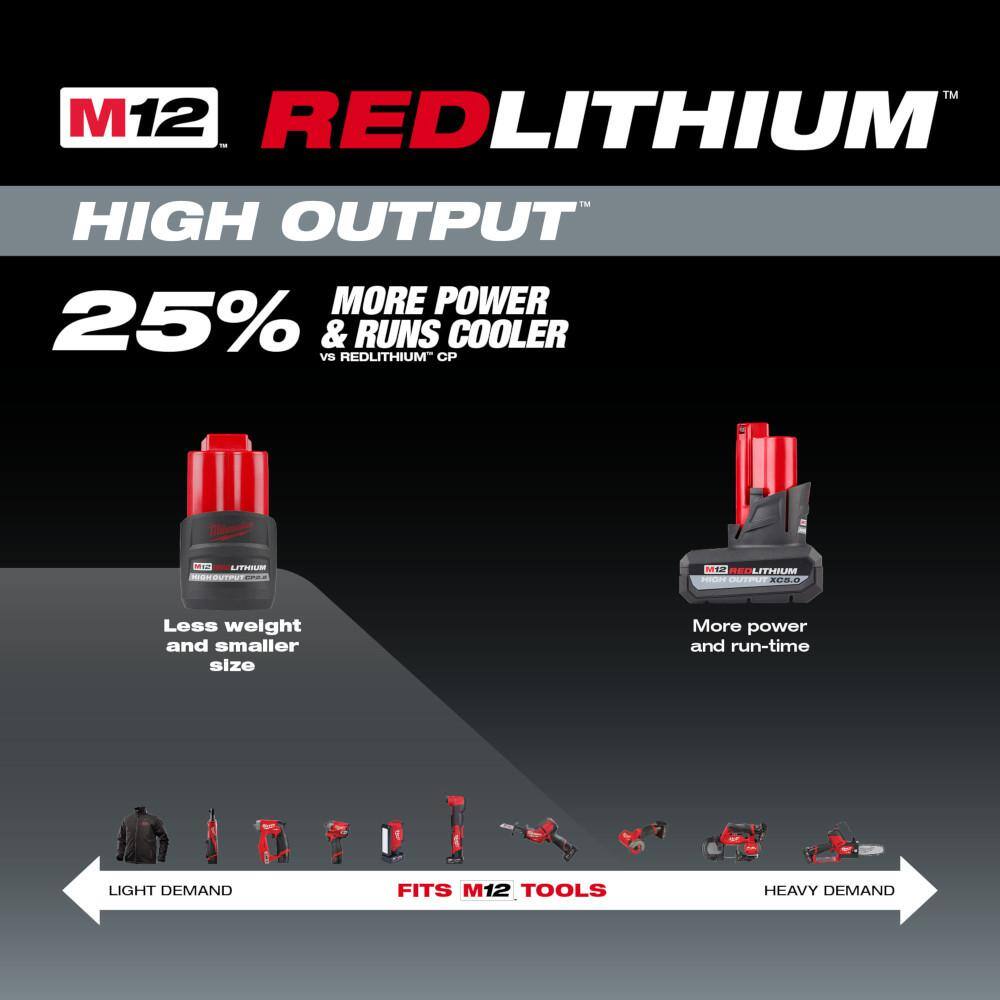 MW M12 12-Volt Lithium-Ion XC High Output 5.0 Ah Battery Pack WHigh Output 2.5 Ah Battery Pack + 38 in. Right Angle Drill 48-11-2452S-2415-20