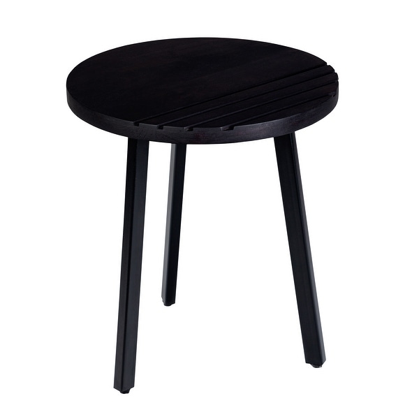 18 Inch Grooved Design Black Round Wood Side Table with Metal Legs