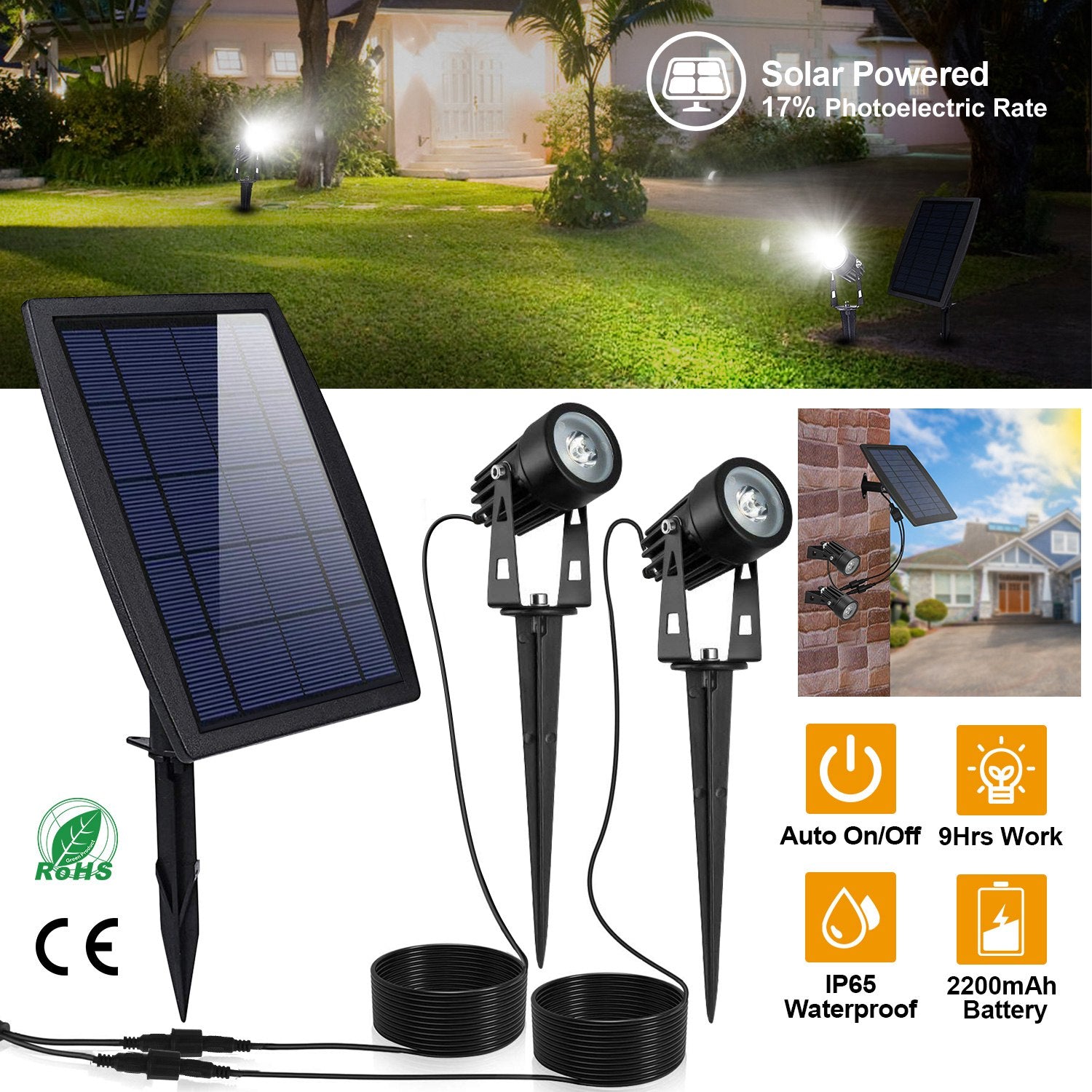 Solarek Twin Solar Spot Lights Landscape Lighting IP65 Waterproof Auto On/Off for Garden Outdoor Driveway Yard (Warm White)