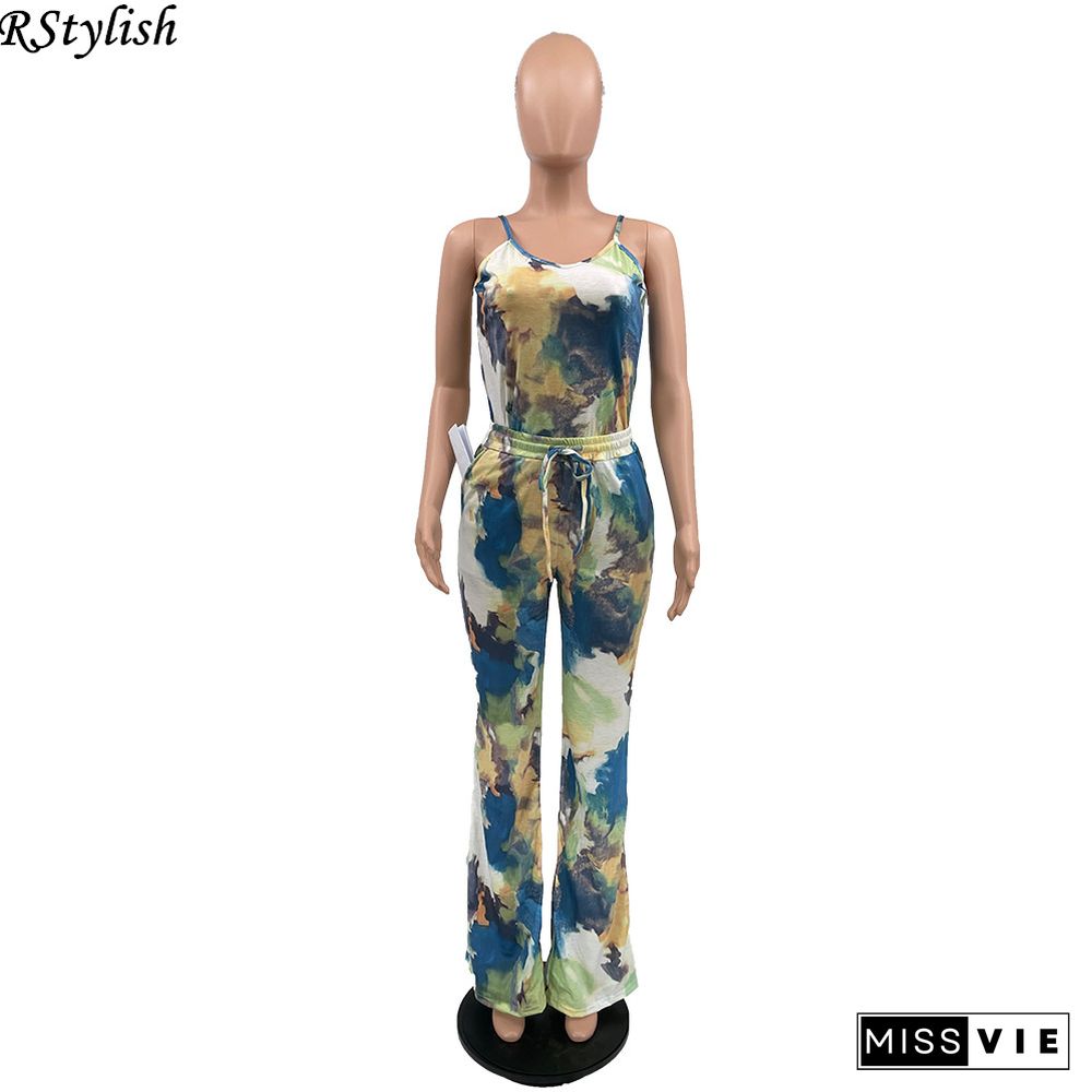 Tie Dye Sexy Spaghetti Strap Top High Waist Long Pants 2 Piece Set