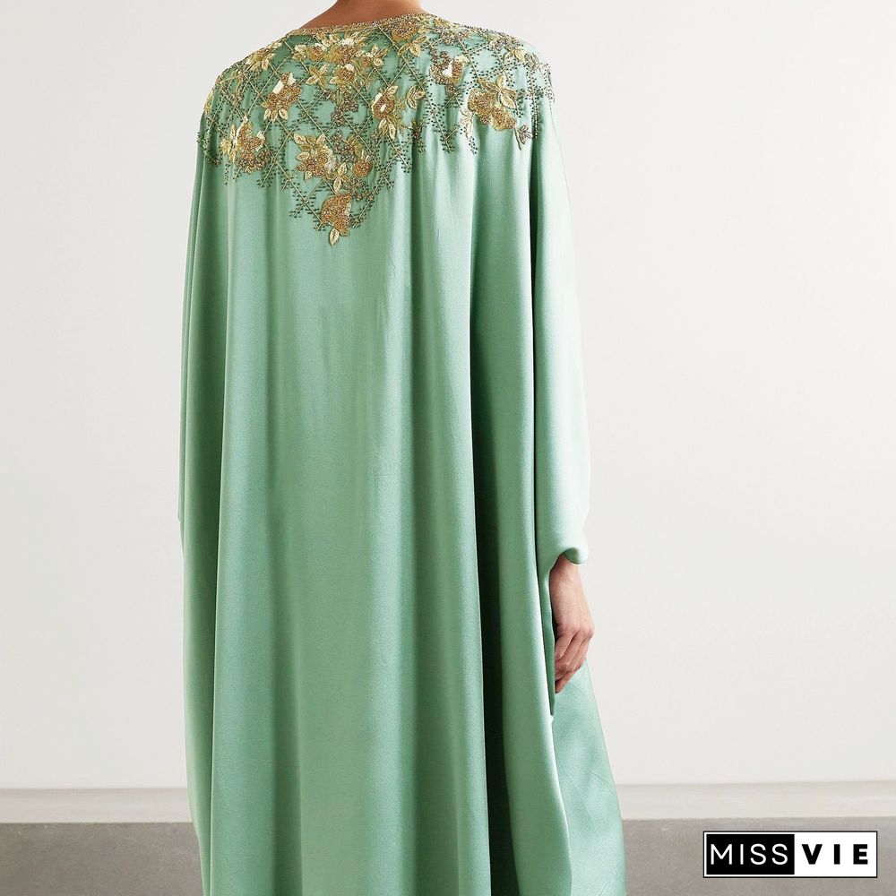 Green Round Neck Embroidery Lace-Up Formal Dress