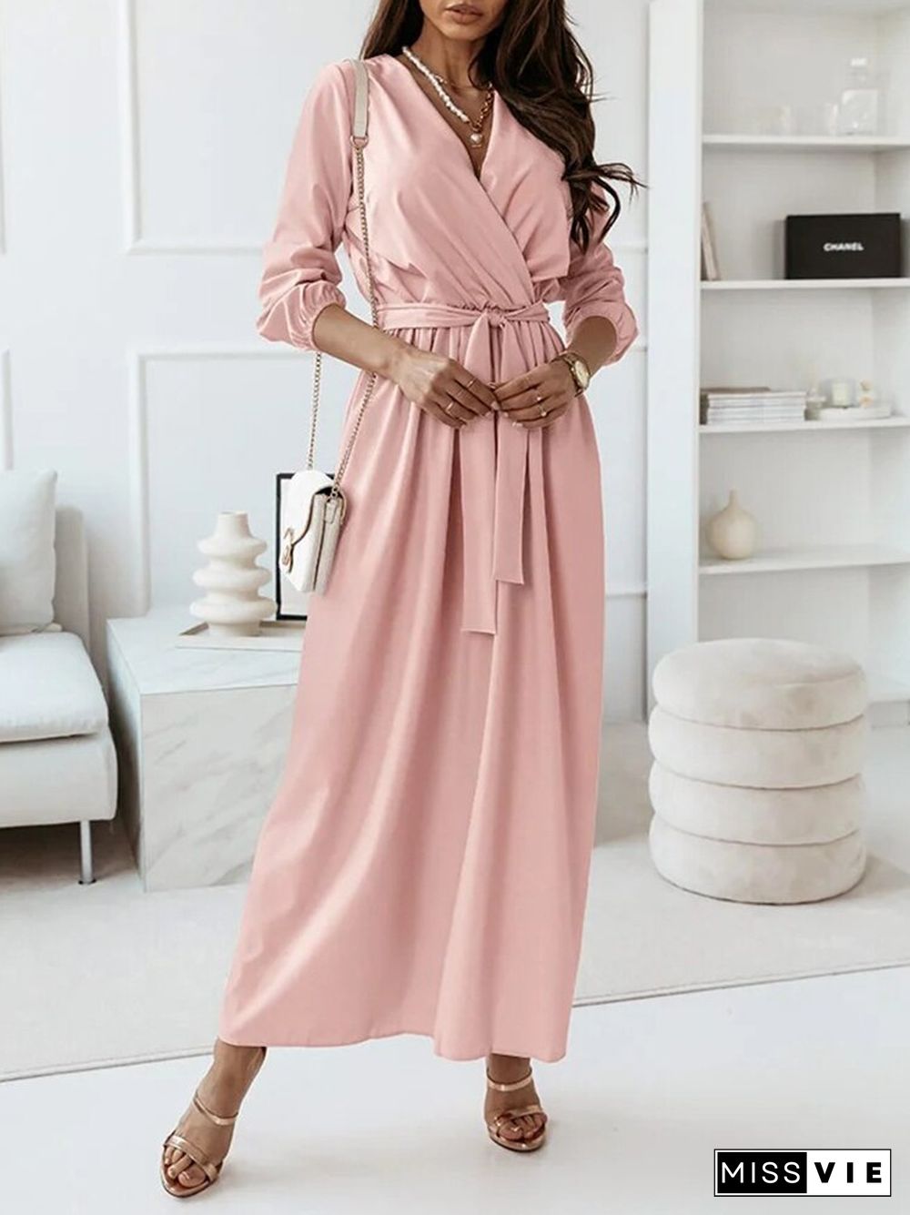 Spring Summer Elegant Half Sleeve V-Neck Lace-Up Long Dress Ladies Fashion Solid Loose Commuter Dress Women Office A-Line Dress