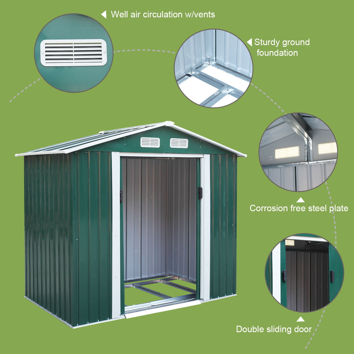 Jaxpety 7' x 4' Large Outdoor Steel Storage Shed with 4 Vents,Double Sliding Door, Stable Base, Green