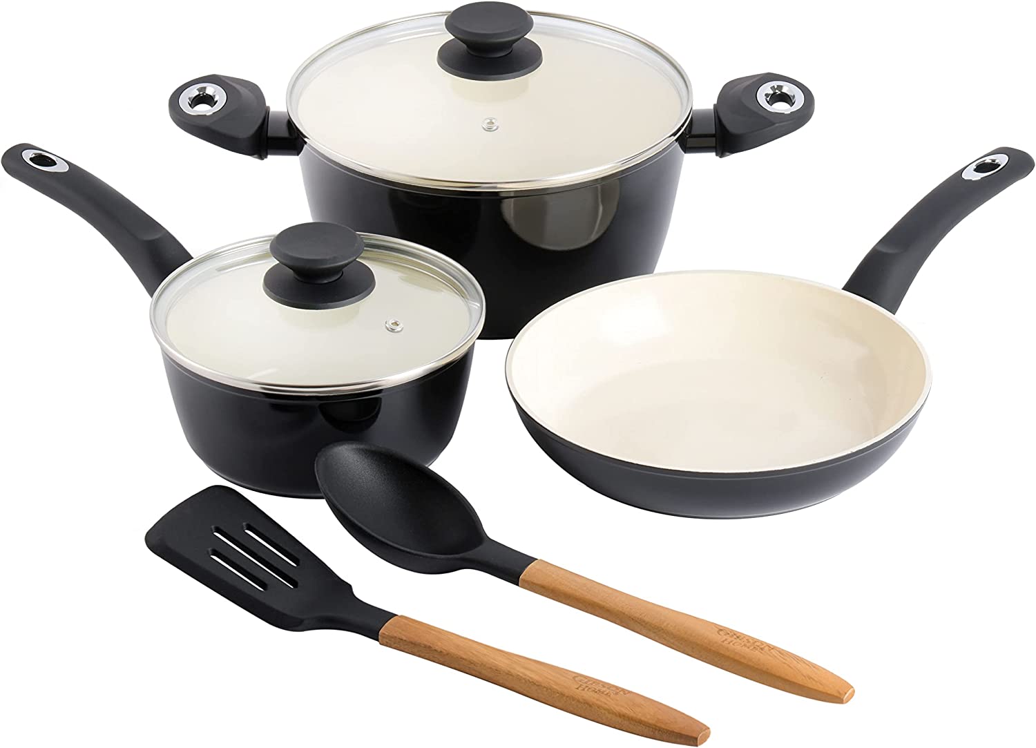 Gibson Home Plaza Café Forged Aluminum 7 Piece Healthy Ceramic Interior w/ Bakelite Handles Pots and Pans Cookware Set – Black