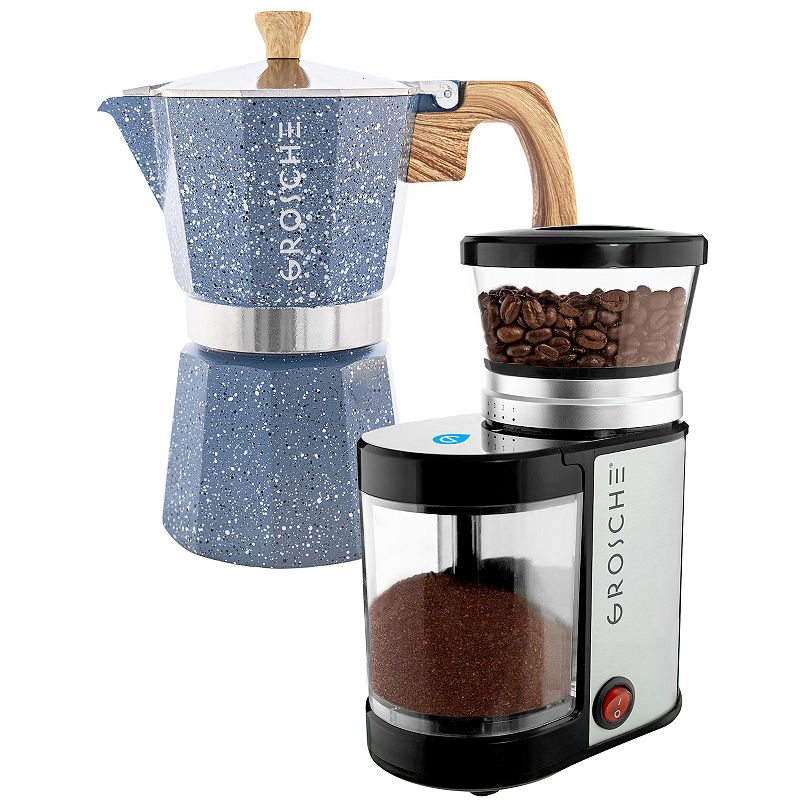 GROSCHE Milano Stone Stovetop Espresso Coffee Maker and Electric Burr Coffee Grinder Bundle