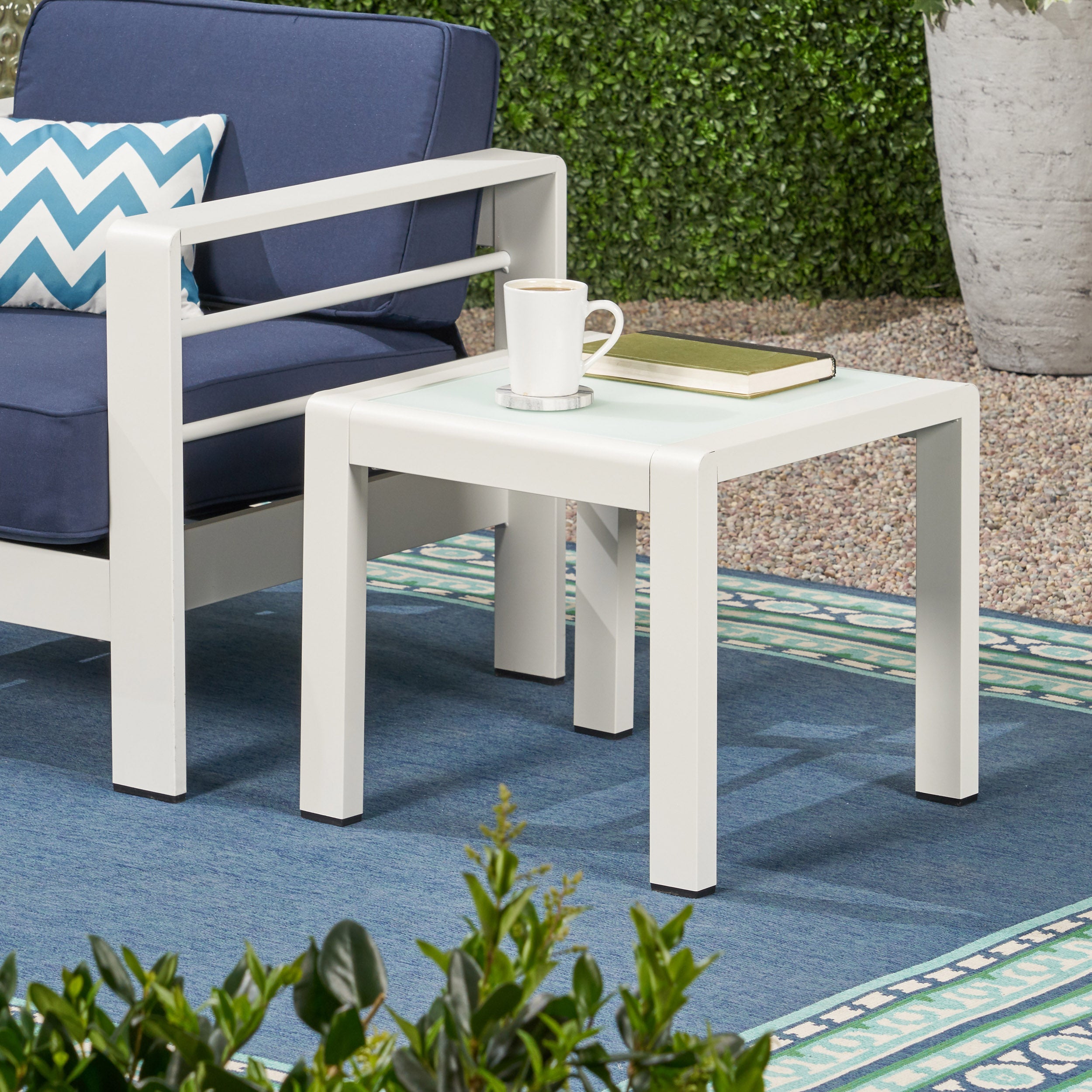 Giovanna Coral Outdoor Aluminum Side Table with Glass Top