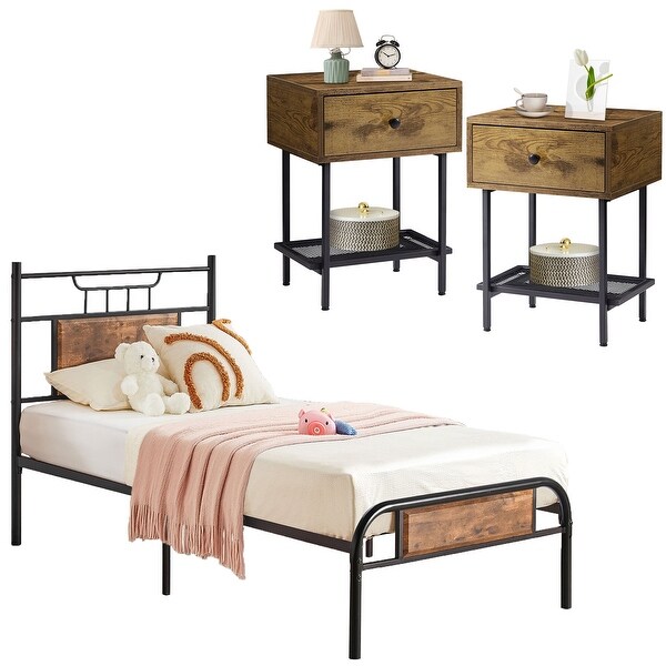 Industrial 3-Pieces Bedroom Set Platform Bed Frame and Nightstands Set of 2 - - 36913922