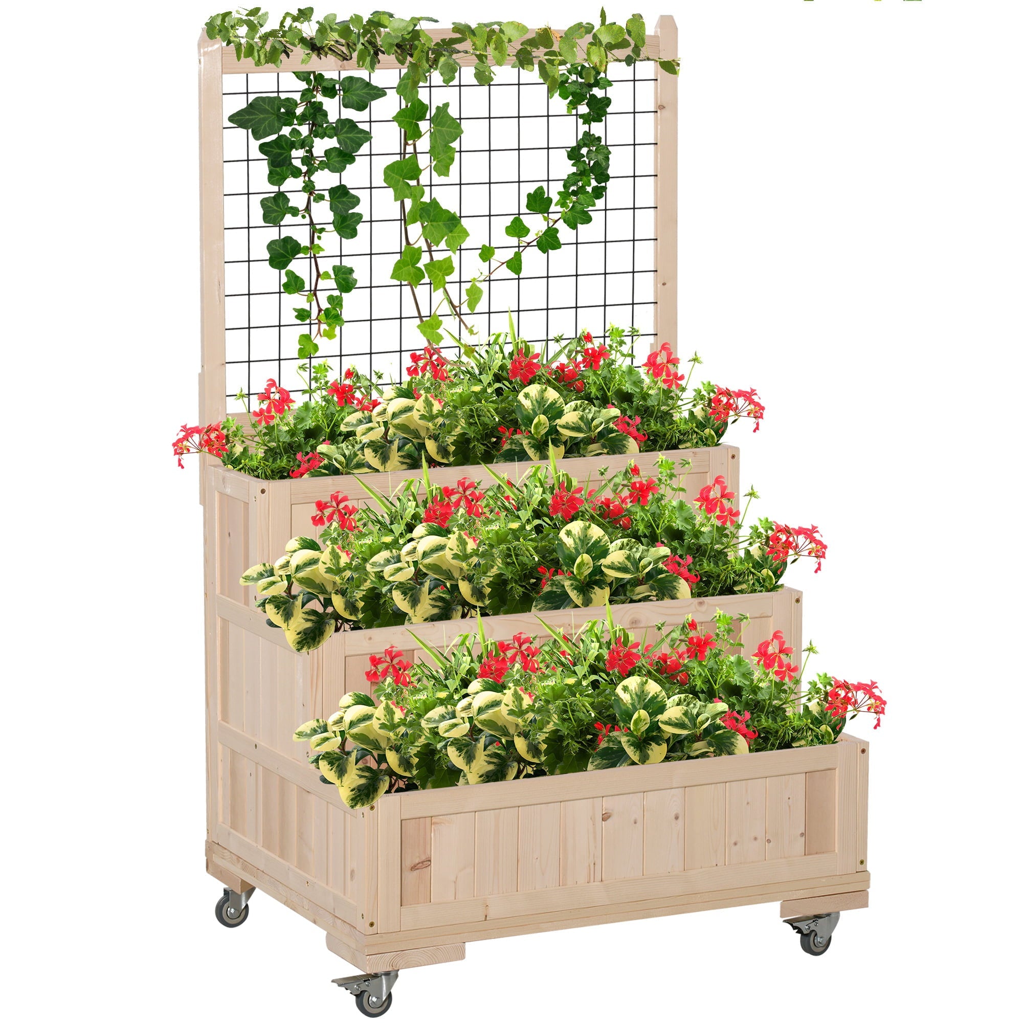 Outsunny 3-Tiers Wooden Raised Garden Bed w/ Wheels, Trellis, Back Storage Area