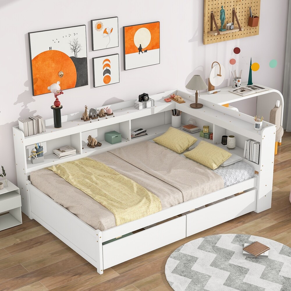 Full Bed with L shaped Bookcases  Drawers  White