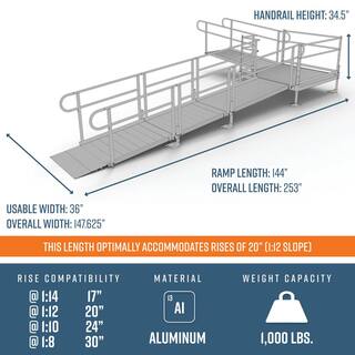 EZ-ACCESS PATHWAY 20 ft. L-Shaped Aluminum Wheelchair Ramp Kit with Solid Surface Tread 2-Line Handrails and 5 ft. Turn Platform PS20L55T