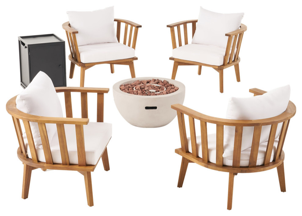 Leona Outdoor Acacia Wood 4 Seater Club Chairs and Fire Pit Set   Midcentury   Outdoor Lounge Sets   by GDFStudio  Houzz