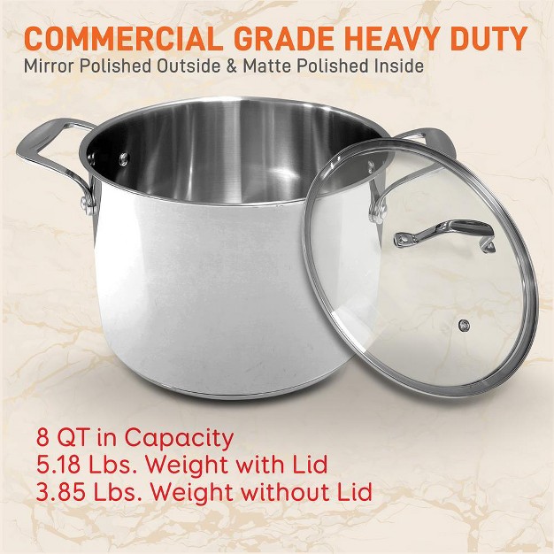 Nutrichef Commercial Grade Heavy Duty 8 Quart Stainless Steel Stock Pot With Riveted Ergonomic Handles And Clear Tempered Glass Lid