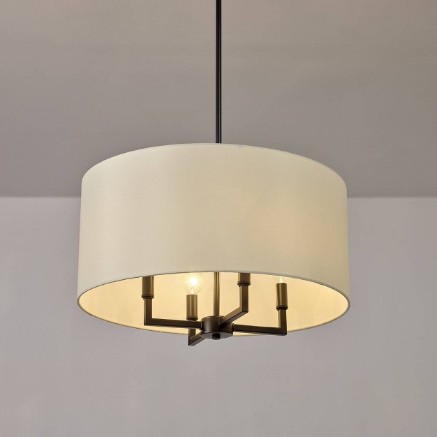 4 light Matte Black Chandelier With Beige Fabric Shade Globe Electric