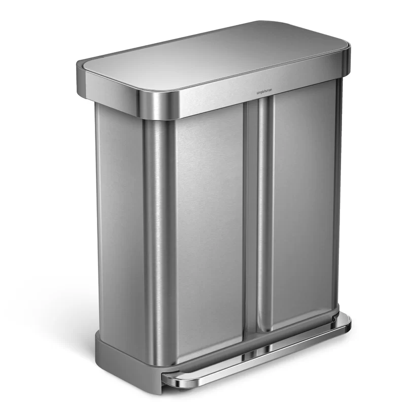 simplehuman 58 Liter / 15.3 Gallon Rectangular Hands-Free Dual Compartment Recycling Kitchen Step Trash Can with Soft-Close Lid， Brushed Stainless Steel