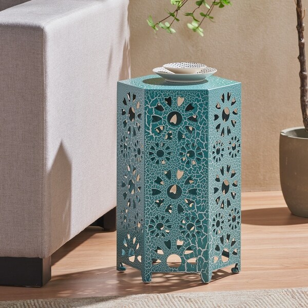 12 Inch Side Table with a Floral Pattern and Hollow Framework