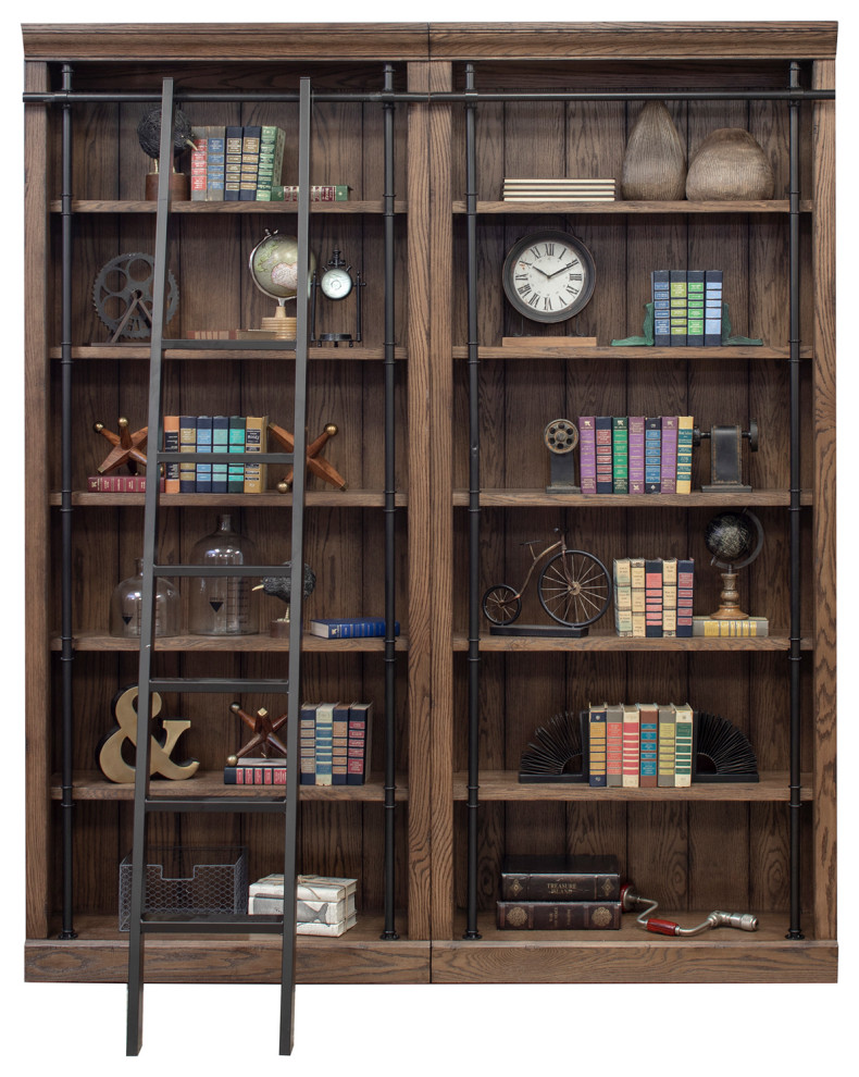 8  x27Tall Bookcase Wall With Ladder  Storage Organizer  Brown   Industrial   Bookcases   by Martin Furniture  Houzz