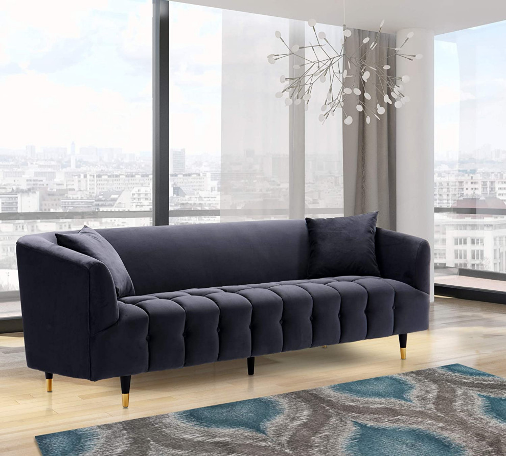 Elegant Sofa  Gold Tipped Legs  ampChannel Tufted Seat With Shelter Arms   Midcentury   Sofas   by Decor Love  Houzz