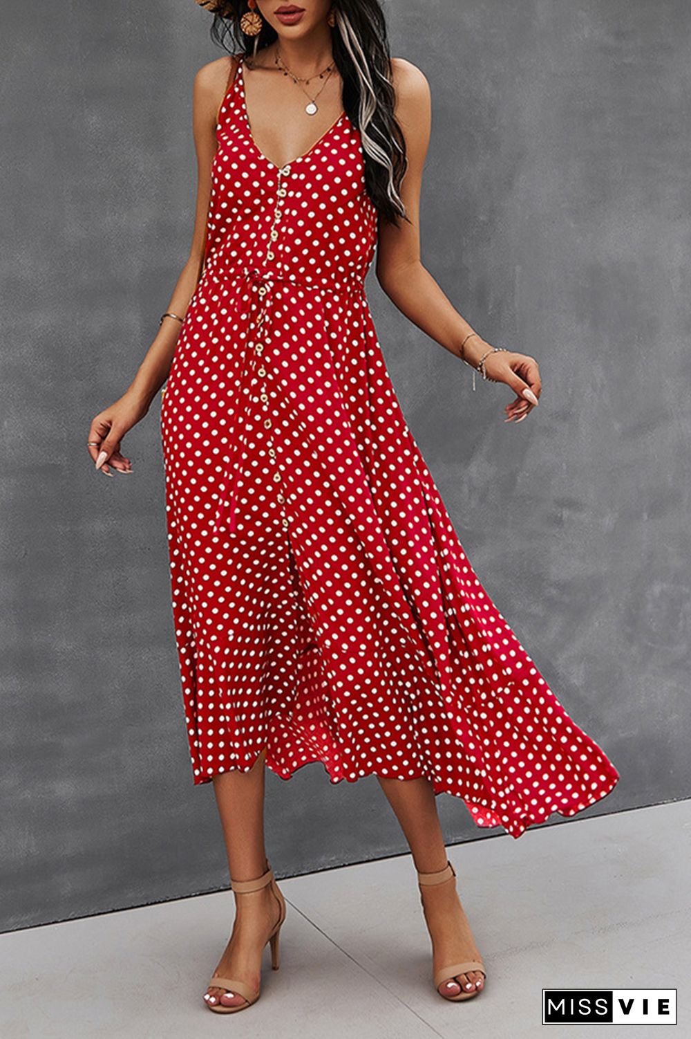 Polka Dots Sleeveless Midi Dress Wholesale