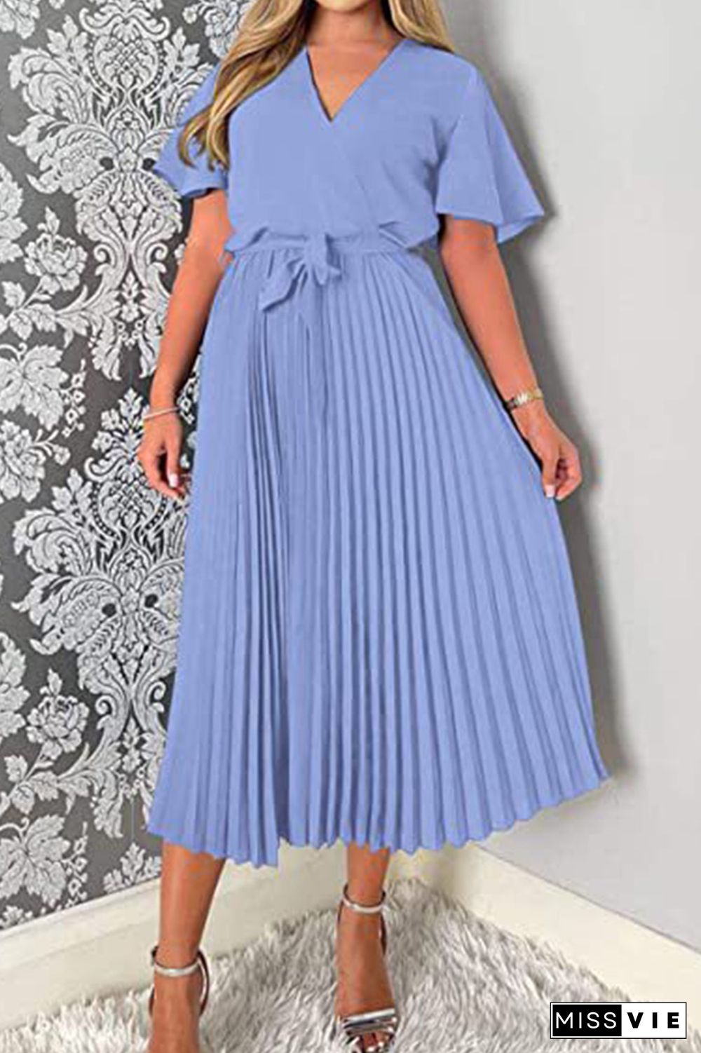 Plain V Neck Flare Sleeves Pleated Midi Dress