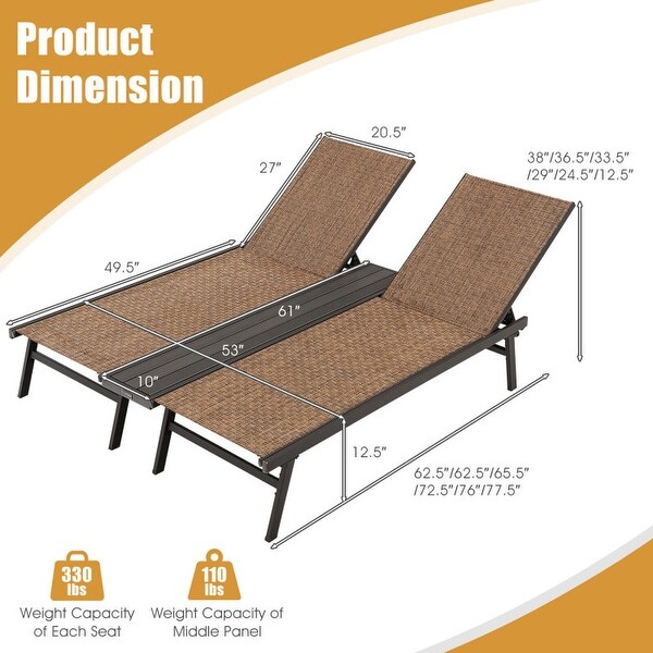 2-Person Patio Chaise Lounge with Middle Panel-Brown - 77.5