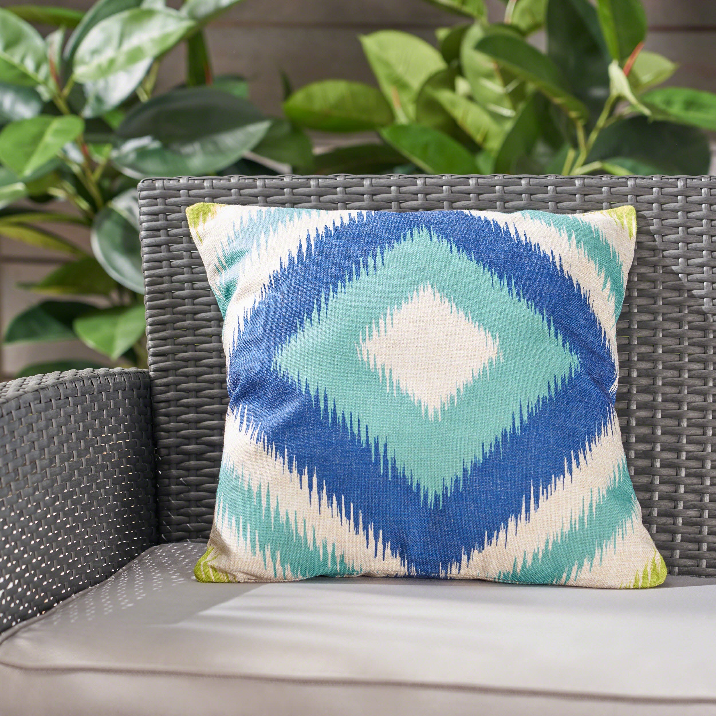 Willy Outdoor Water Resistant 18-inch Square Pillow, Blue / Teal Ikat