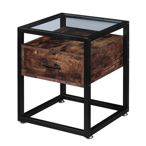 Ledel Industrial 1-Drawer End Table Side Table Nightstand with Glass Top