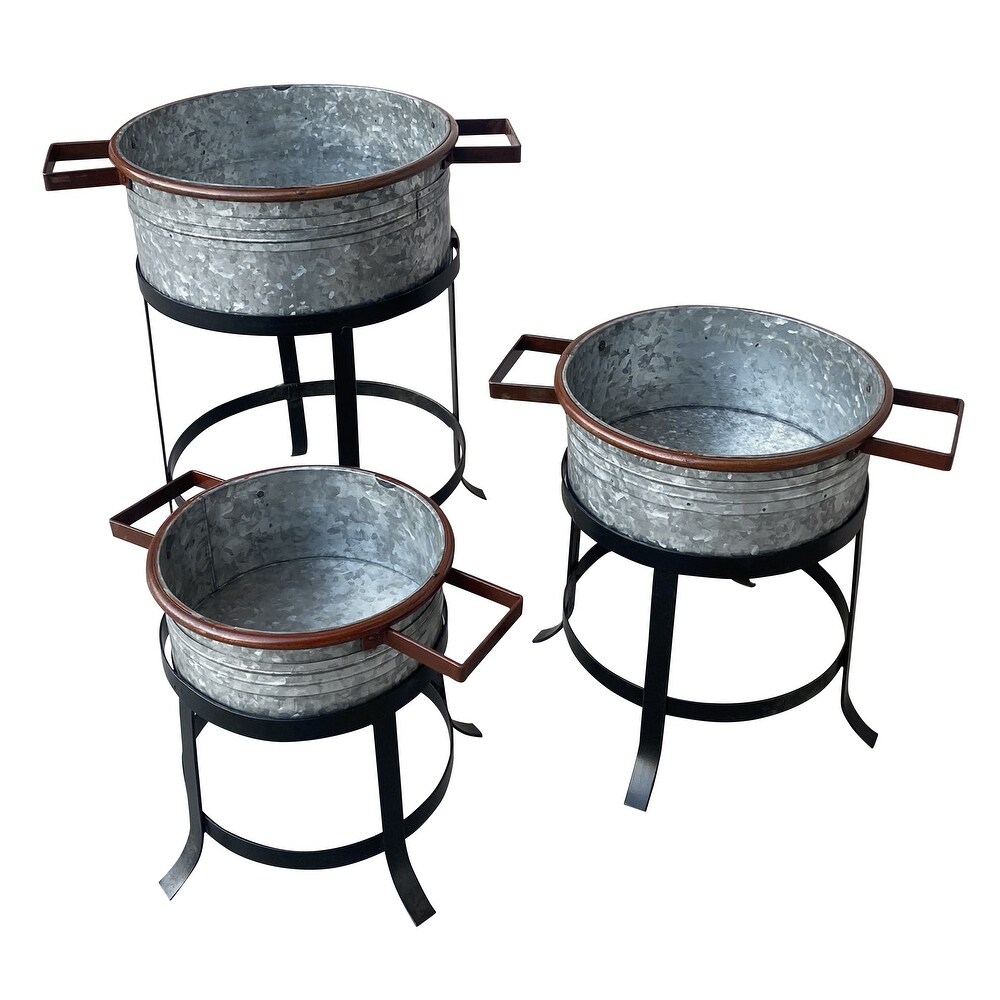 21  18  and 16 Inch 3 Piece Round Tub Metal Planter Set with Stand in Galvanized Gray and Black Iron