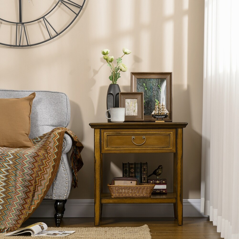 Retro Side Table  End Table with Storage Drawer and Open Shelf for Living Room  Bedroom