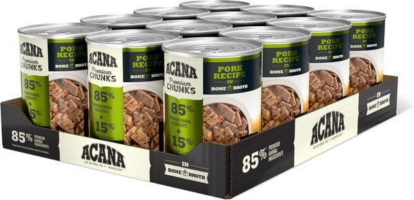 ACANA Premium Chunks Pork Recipe in Bone Broth Grain-Free Wet Dog Food， 12.8-oz can， case of 12