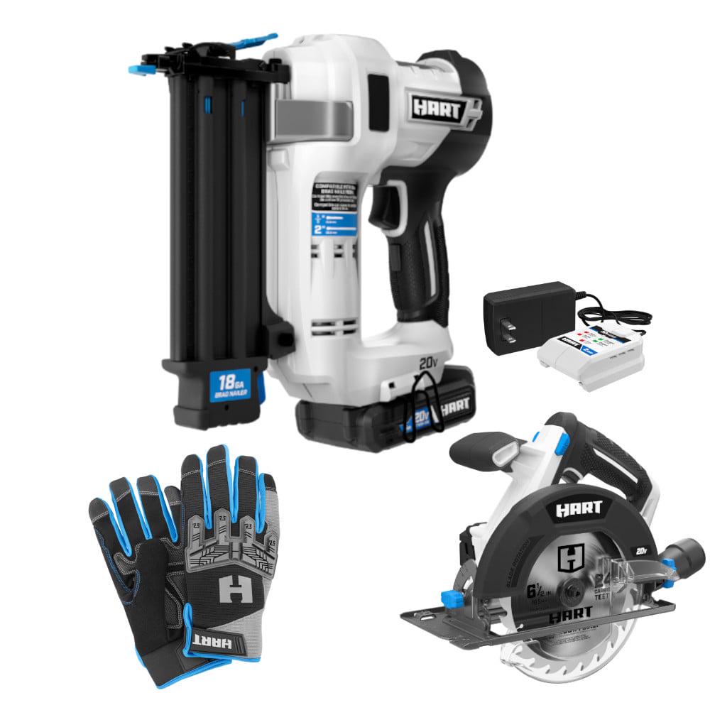 HART 20-Volt Nailing Kit w/HART 20V 18G Brad Nailer Kit， HART 20V 6-1/2 Circular Saw， and HART Impact Work Gloves