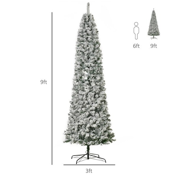 HOMCOM 6FT/7FT/9FT Slim Flocked Christmas Tree with Lights，Skinny Christmas Tree with Stand