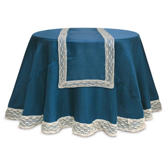 Melrose Opulent Blue And Cream Christmas Table Runner With Crocheted Edge 70