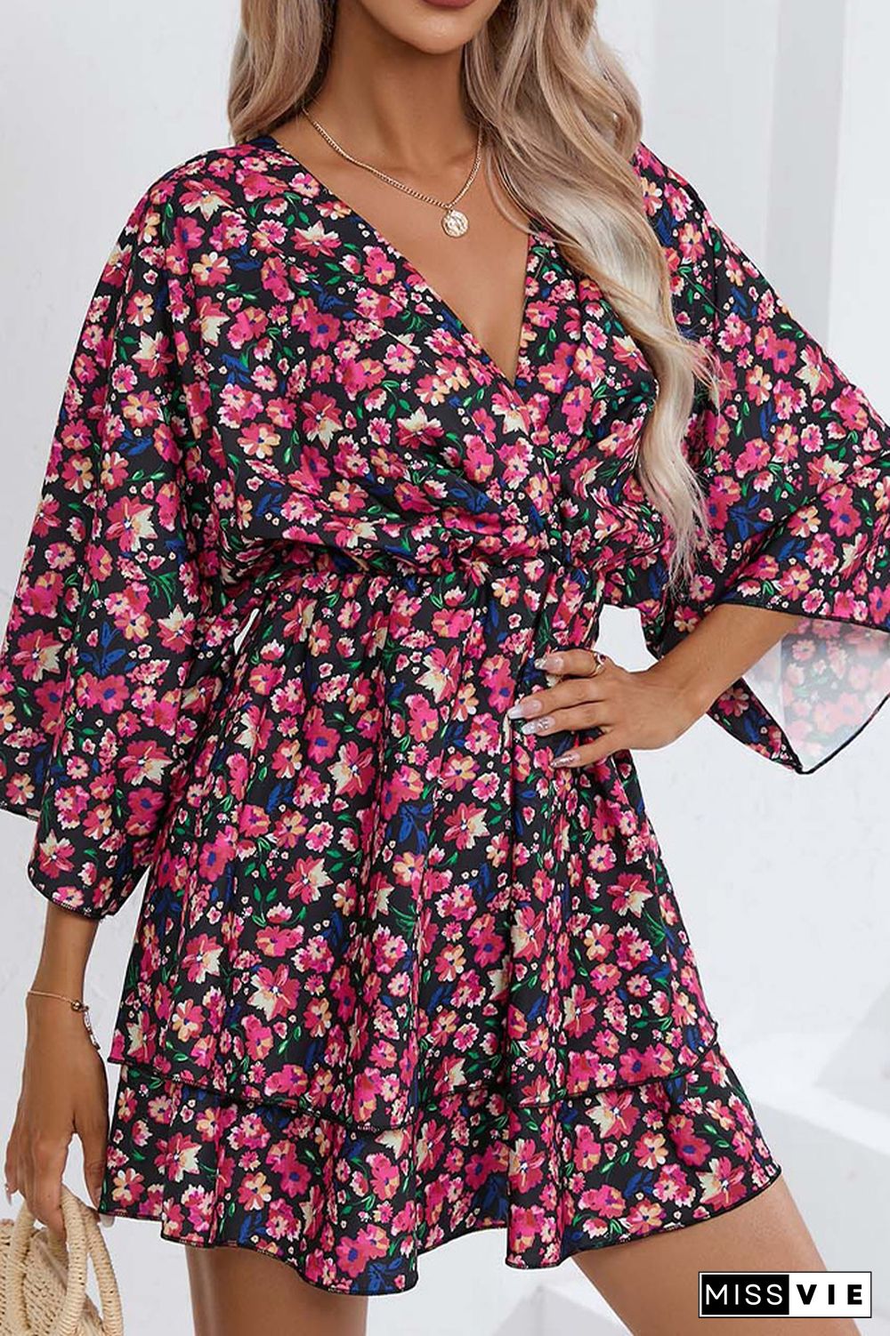 V Neck Drawstring Floral Dress