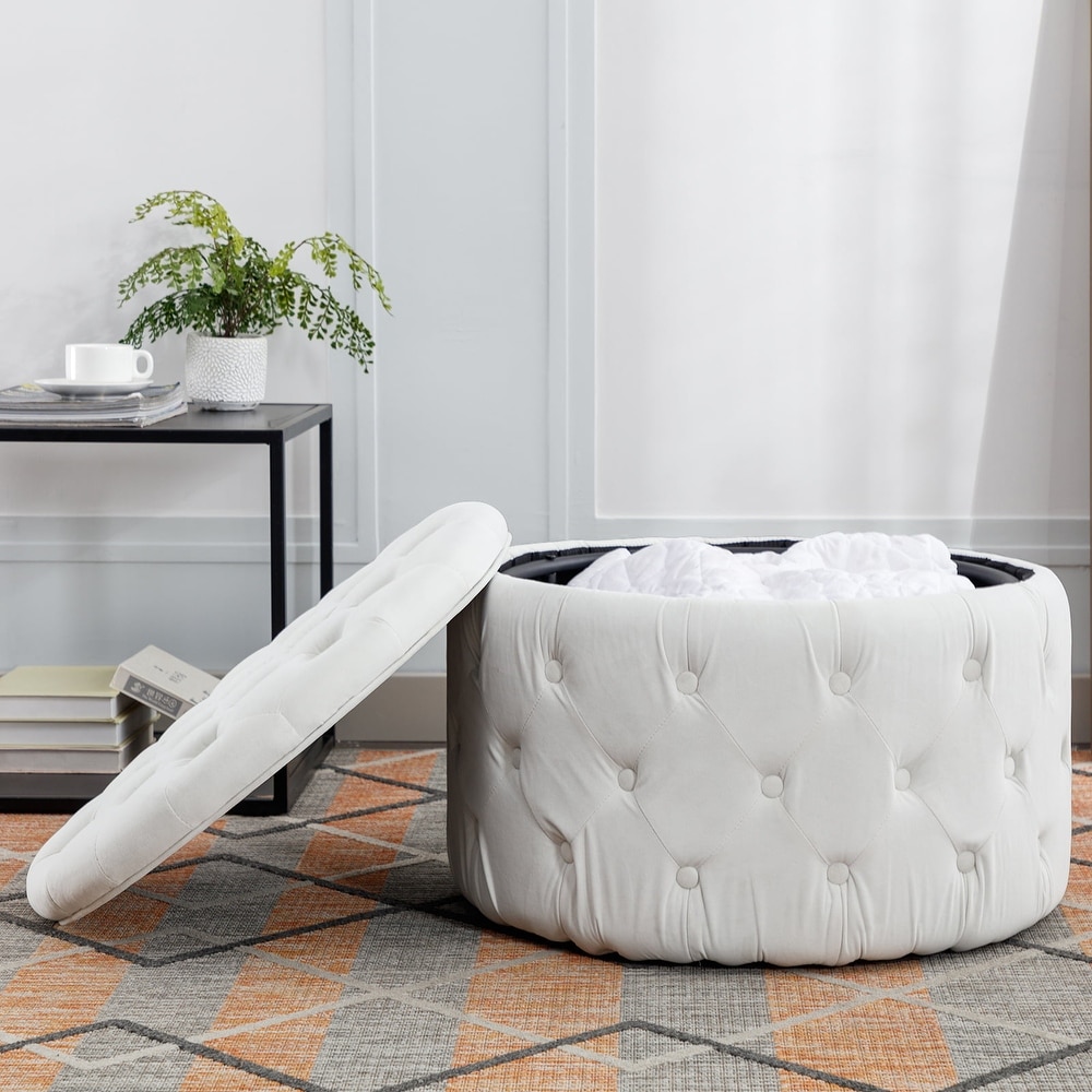 Mixoy Large Round Velvet Storage Ottoman  Button Tufted Footrest Stool