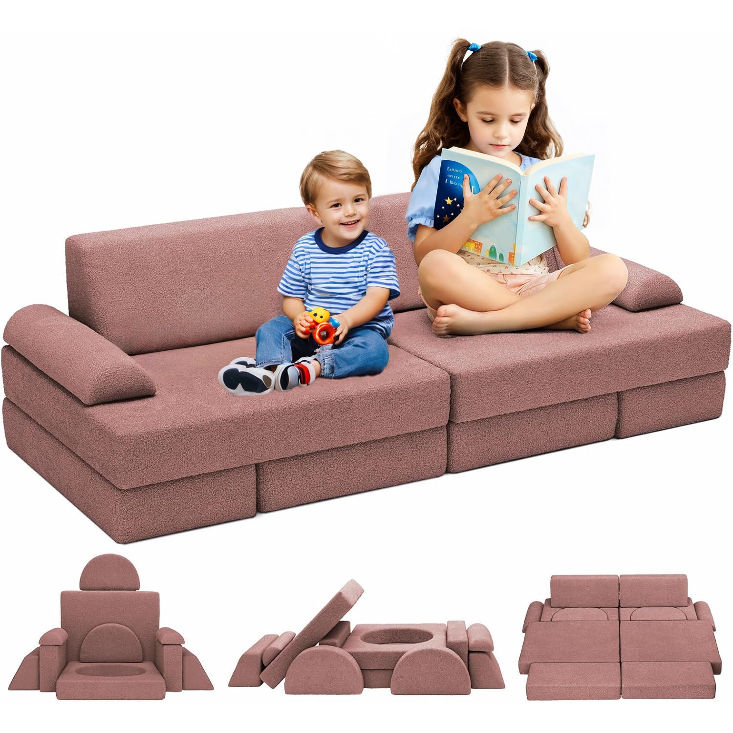 Modular Kids Play Sofa, 12 Piece Toddler Combo Sofa Washable Teddy Bear Fabric Cover, Convertible Foam and Floor Cushions