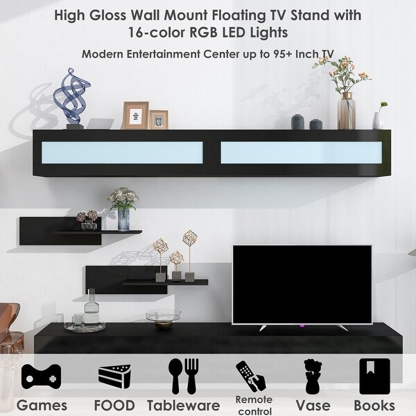 95''W High Gloss RGB LED Wall Mount Floating DIY TV Stand with Modular Assembly