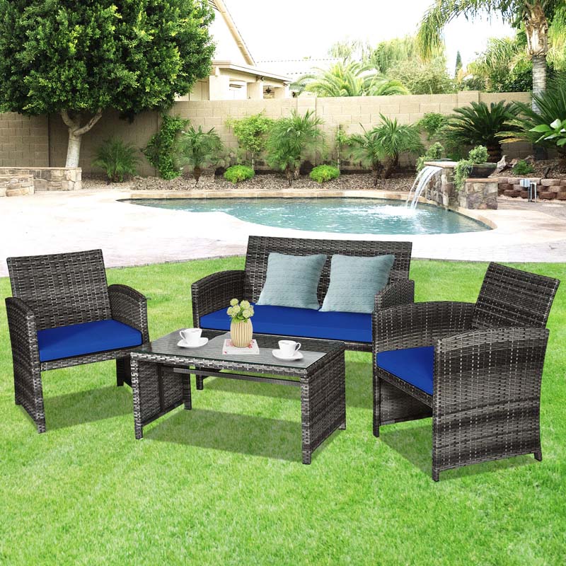 4 Pcs Rattan Wicker Patio Furniture Sets, Outdoor Conversation Sets with Loveseat, Table, Single Sofas