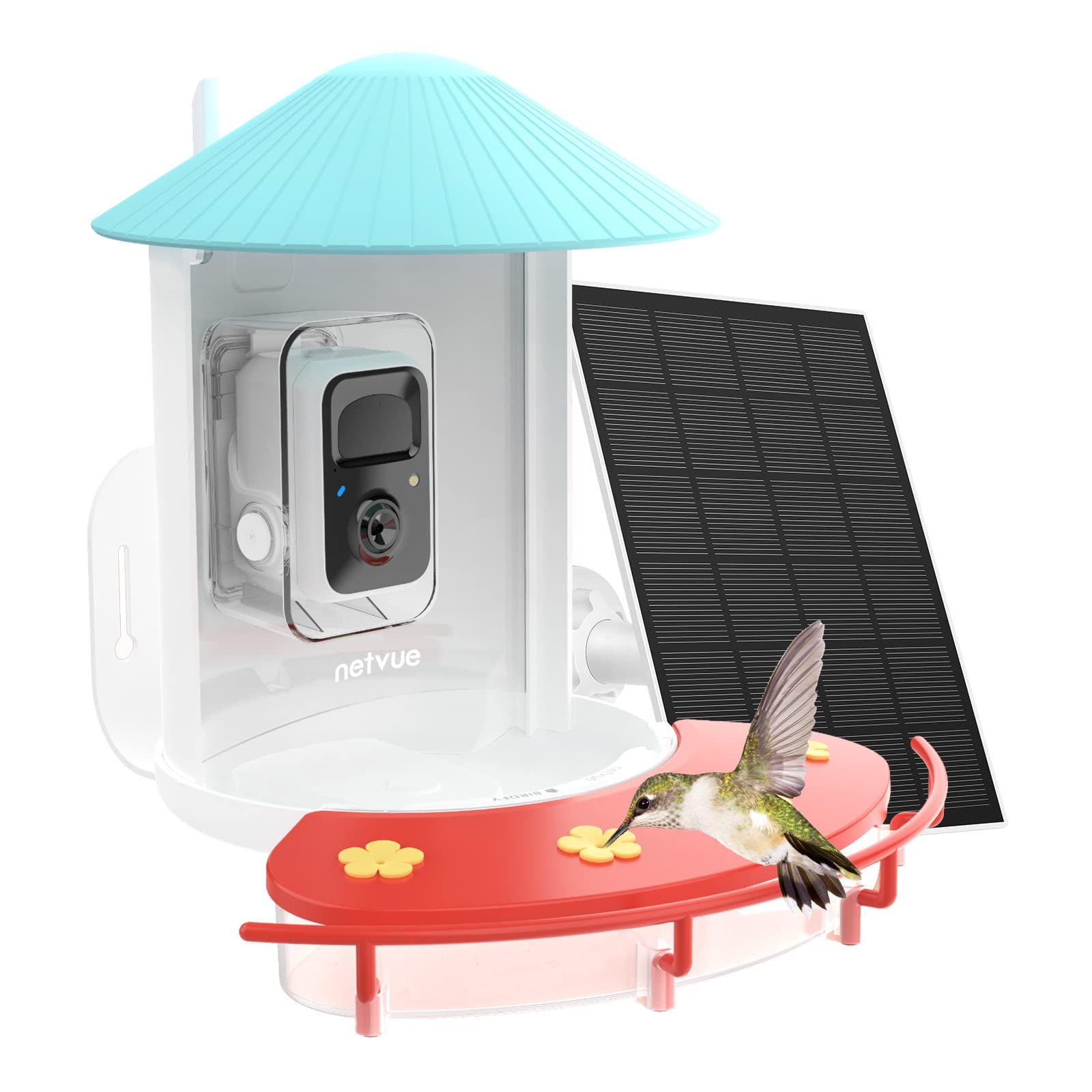 Smart Hummingbird Feeder with Camera for Outdoor Hummingbird Watching， Solar Powered Hummingbird Nectar Feeder with Ant Moat Leak-Proof， 2 in 1 Feeders， Ideal Bird Gift for Hummingbird Lovers， Red