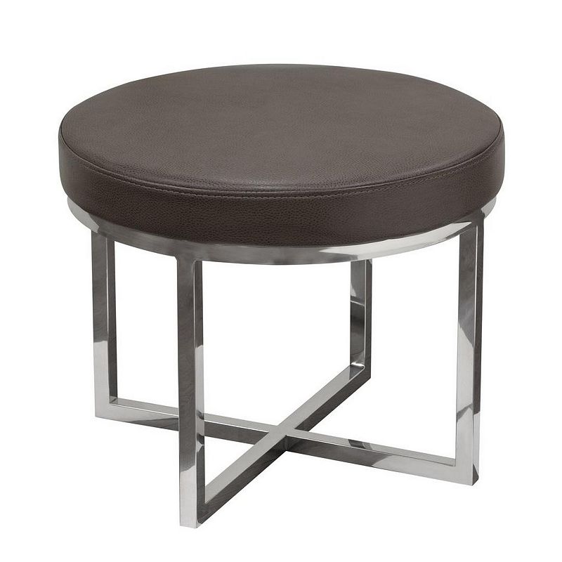 Leather Upholstered Round Accent Stool with Cross Metal Legs， Gray and Chrome