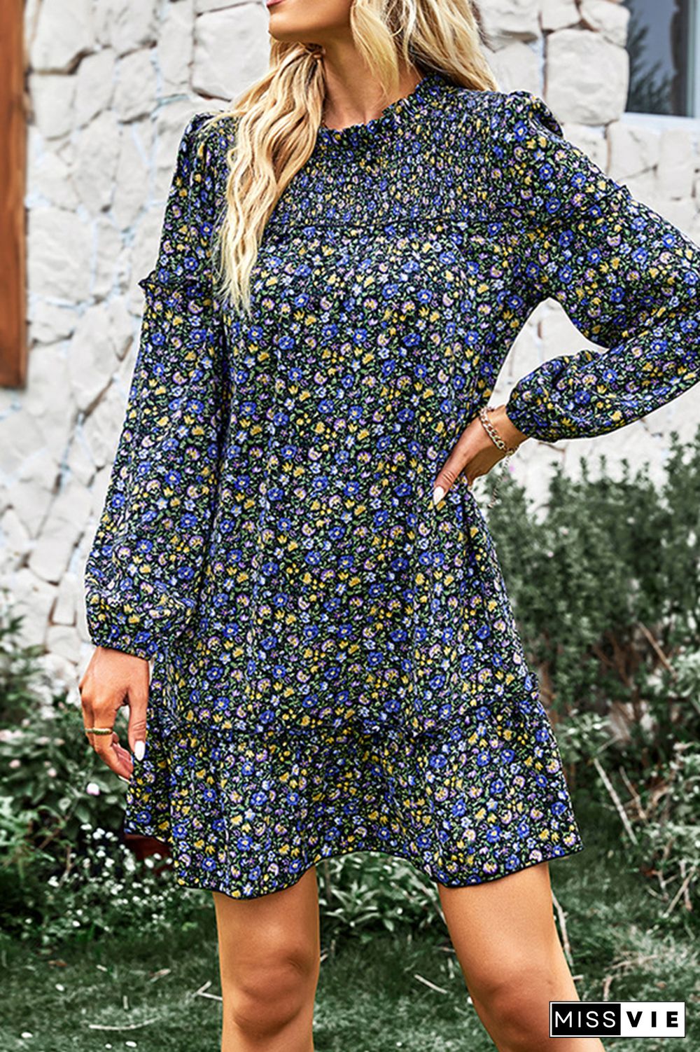 Flower Puff Long Sleeve Smock Dress