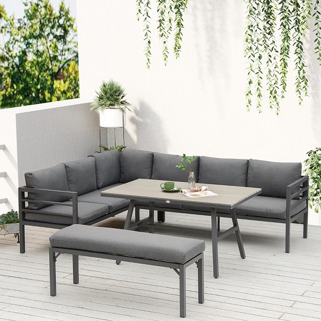 Outsunny 4 Piece Patio Furniture Set Outdoor L shaped Sectional Sofa With 2 Couches Bench Dining Table Cushions Aluminum Conversation Set Gray