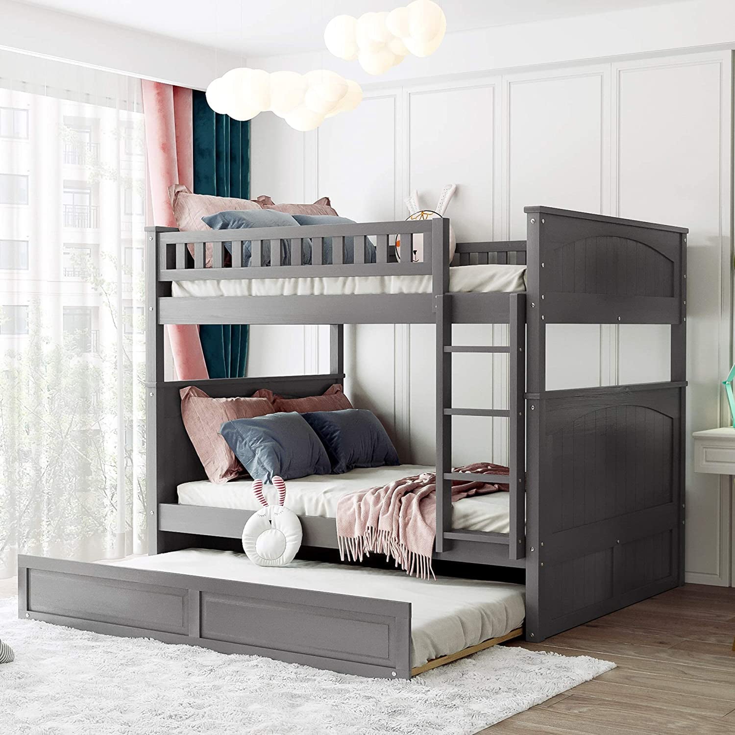 Churanty Full Over Full Bunk Bed with Twin Size Trundle, for Kids and Teens, Brushed Gray