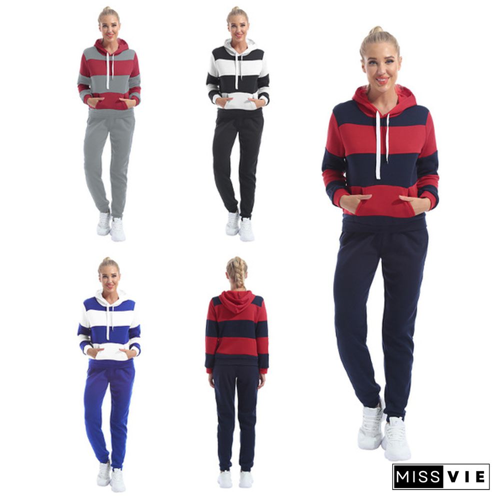 Plus Size Women's Casual Two Piece Outfits Stripes Sweatsuit Tracksuit Pocket Hoodies Sweatshirt Drawstring Pants S-Xxxl