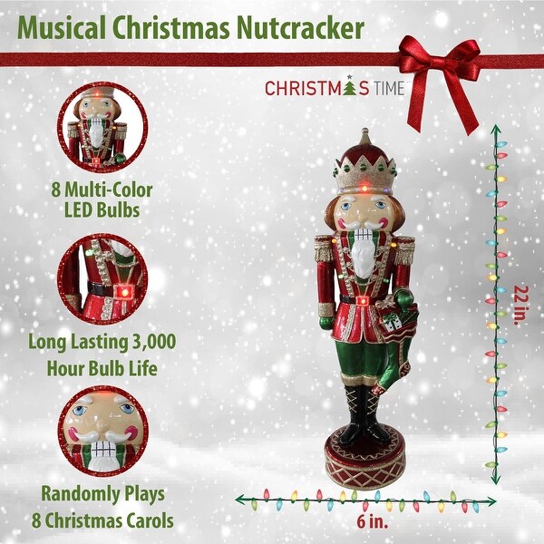 Christmas Time 22Inch Indoor/Outdoor Musical Christmas Nutcracker with Bright，MultiColor LED Lights and Metallic Finish