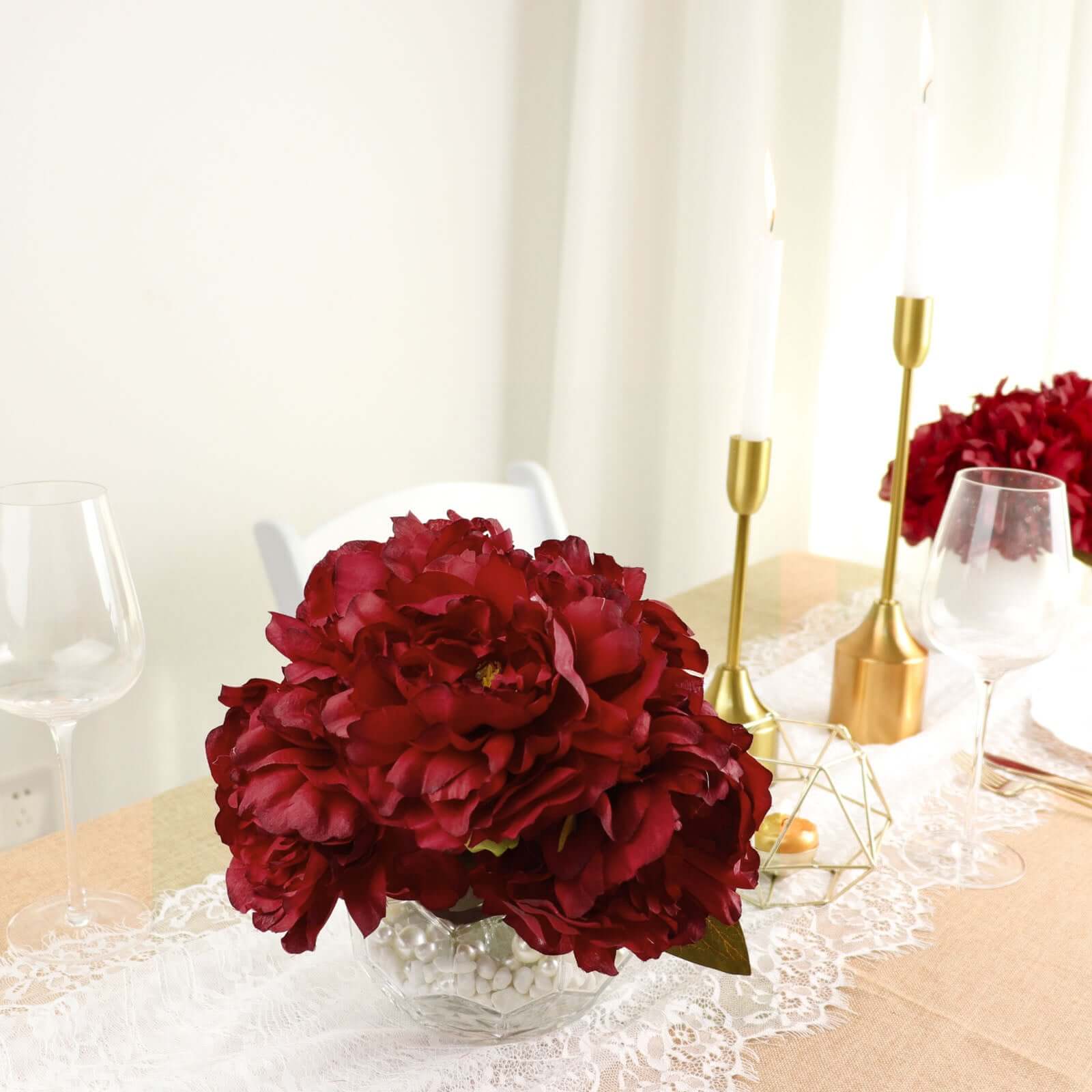 2 Bushes Burgundy Artificial Silk Peony Flower Bouquets, Real Touch Peonies Spray 17