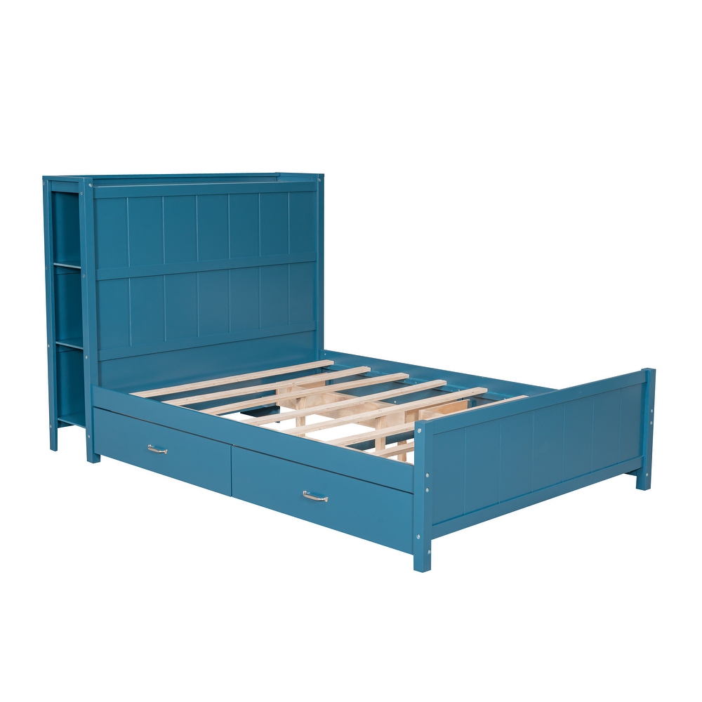 Full Size Platform Bed with Drawers and Storage Shelves  Gray