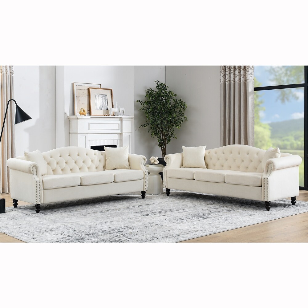 3+3 Seater Combination Sofa Set Velvet Chesterfield Sofa Nailhead Couches with Pillows and Removable Cushions for Livingroom