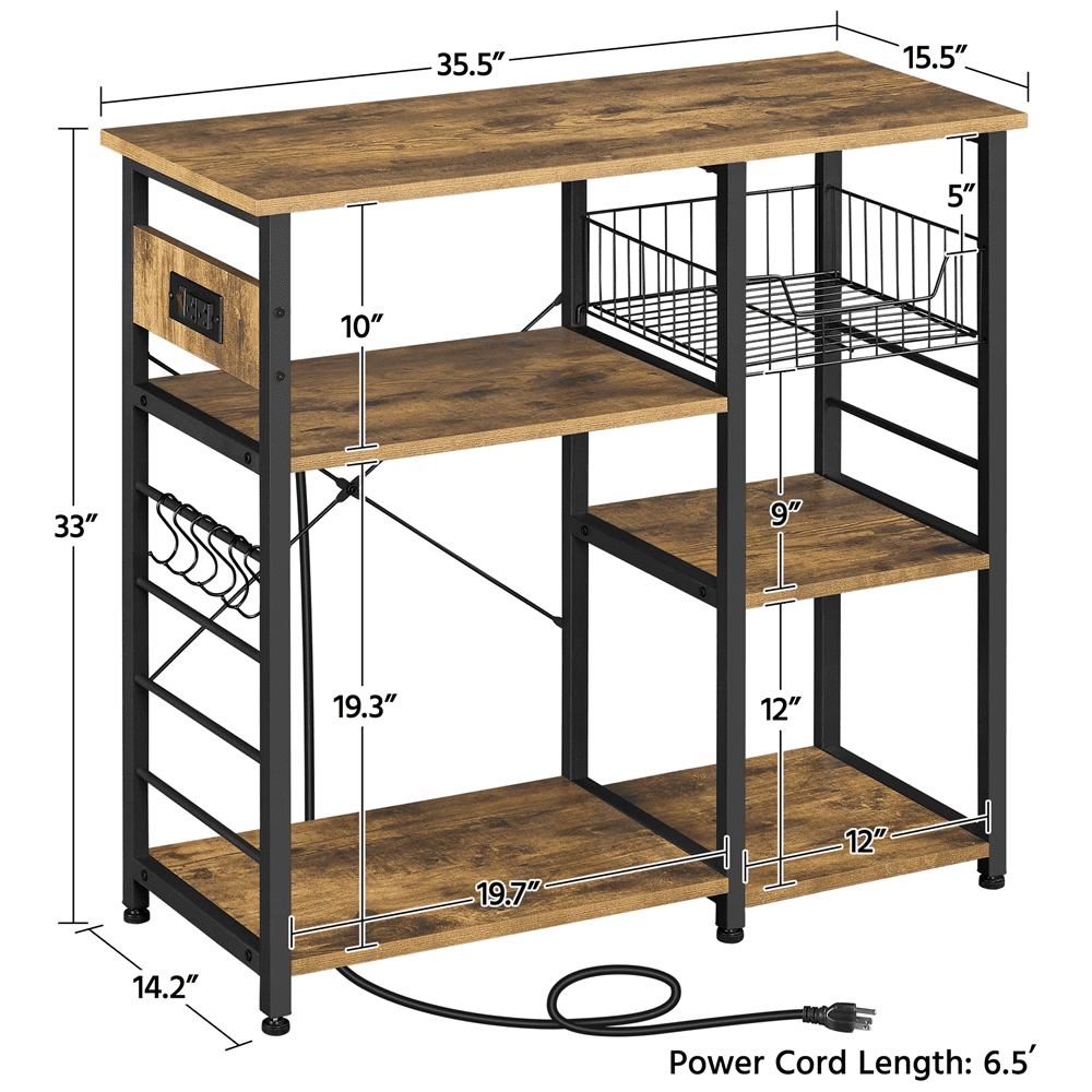 Yaheetech 4-Tier Baker's Rack with Power Outlet Utility for Kitchen，Rustic Brow