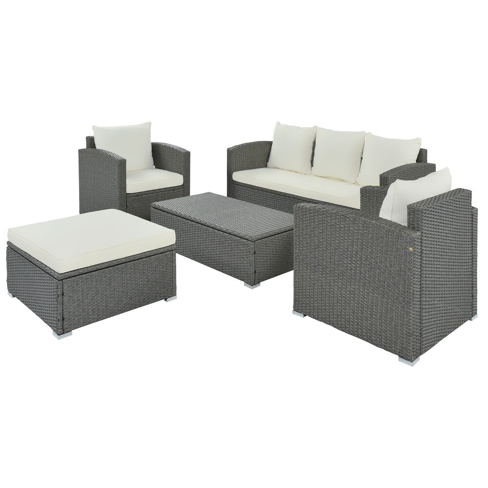 Outdoor Patio 5 Piece  Weather PE Wicker Rattan Sectional Sofa Set with Multifunctional Storage Table and Ottoman  Cushion