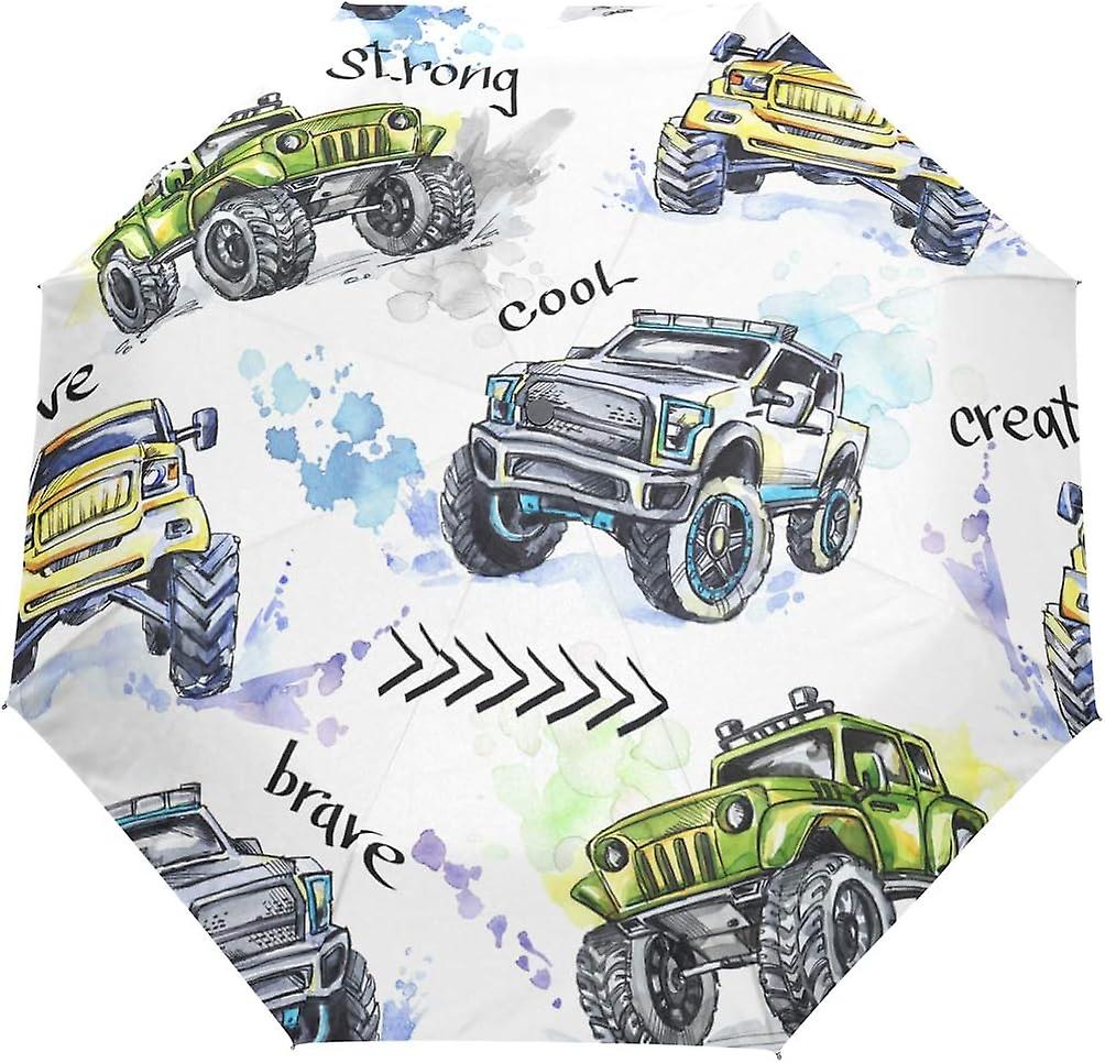 Travel Umbrella Automatic Windproof Foldable Umbrella Watercolor Monster Trucks